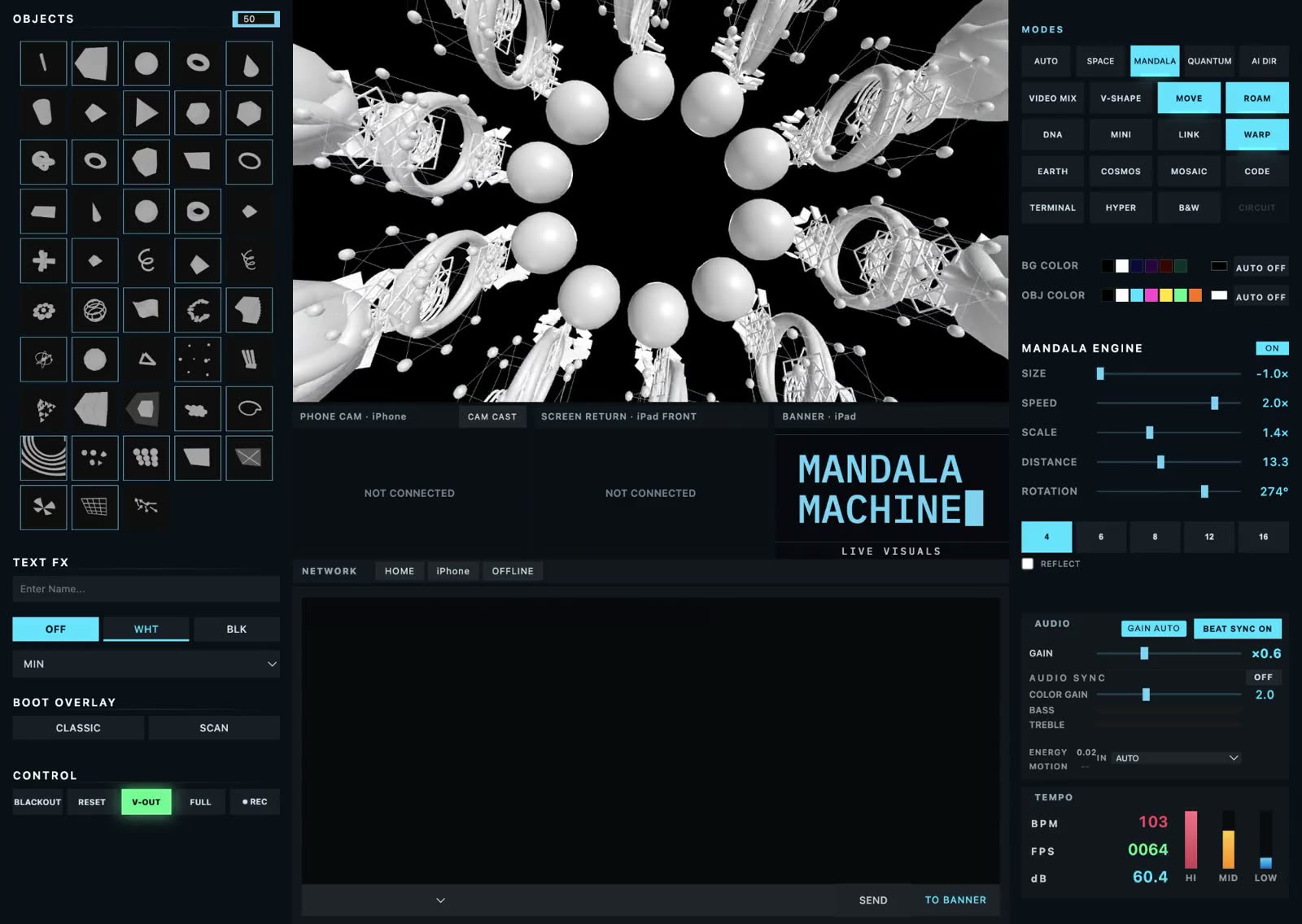 MANDALA MACHINE app running: a palette of shapes on the left, white 3D shapes turning in a symmetrical pattern in the centre, mode buttons and sliders on the right